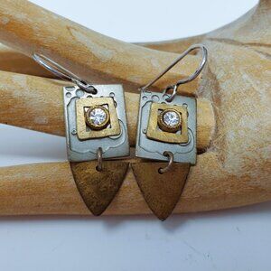 Vintage Copper and Silver Tone Earrings with Clear Stone